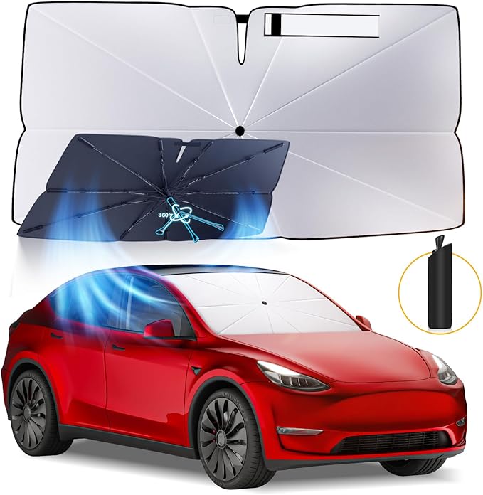 Windshield Sun Shade Umbrella: for Tesla Model Y 2016-2023 2024 2025 Model Y Juniper - Front Car Window Shades - Foldable Tesla-ModelY Sunshades Block UV Keep Cool