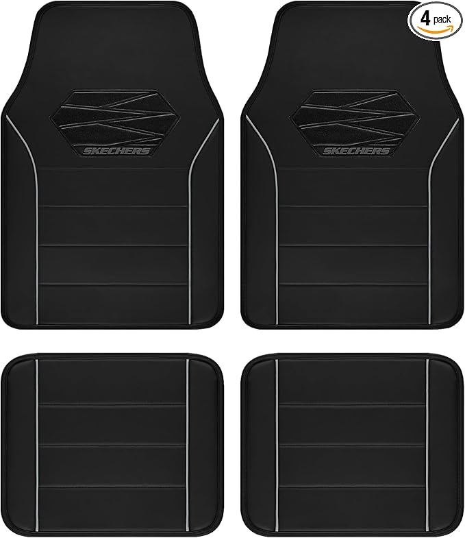 Skechers Memory Foam Car Mats,Leather Piping Floor Mats with Anti-Slip Pad,Universal Waterproof Fit Automotive Floor Mats for SUV,Vans,sedans,Trucks,Full Set 4pcs Grey