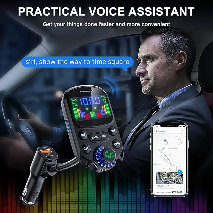 Bluetooth 5.3 FM Transmitter for Car- SOARUN Bluetooth Car Adapter PD30W & USB Port Fast Charge - HiFi Treble & Bass Player - 1.6" Display Hands-Free Calling - Car Radio with AUX Input/Output, TF Card