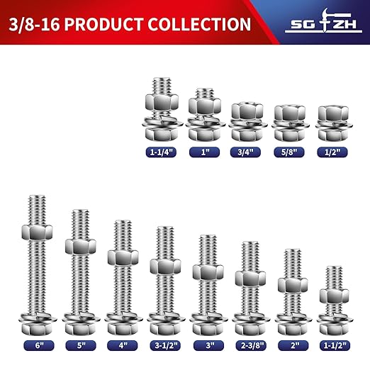3/8-16 x 1-1/4" Hex Head Screw Bolt, Nuts, Flat & Lock Washers, 10Pcs 18-8 (304) Stainless Steel, Fully Threaded, by SG TZH