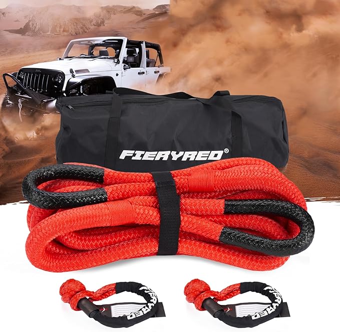 FieryRed 3/4” x 20FT Kinetic Recovery Rope Kit with 2 Soft Shackles, 26500LBS MBS Heavy Duty Tow Rope Snatch Strap Offroad for SUV, Truck, Car and Tractor