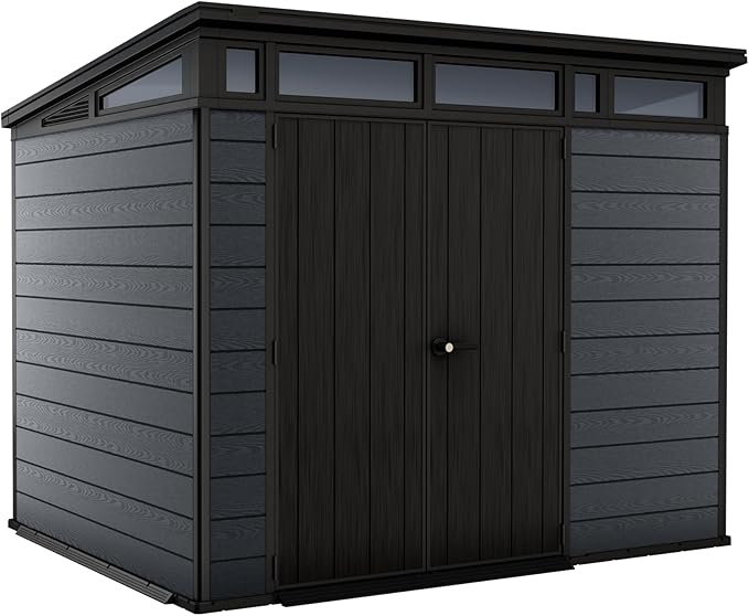 Keter Cortina 9x7 Ft All-Weather Storage Shed with Skylight, Window, Built-in Ventilation, Customizable Walls, & Lockable Double Doors, Graphite