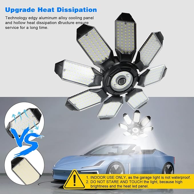 Led Garage Light - 20000LM Super Bright 6500K Garage Lights Ceiling Led w/ 8 Adjustable Panels Garage Shop Light Compatible for E26/E27 Socket Applicable for Workshop Barn Warehouse Attic