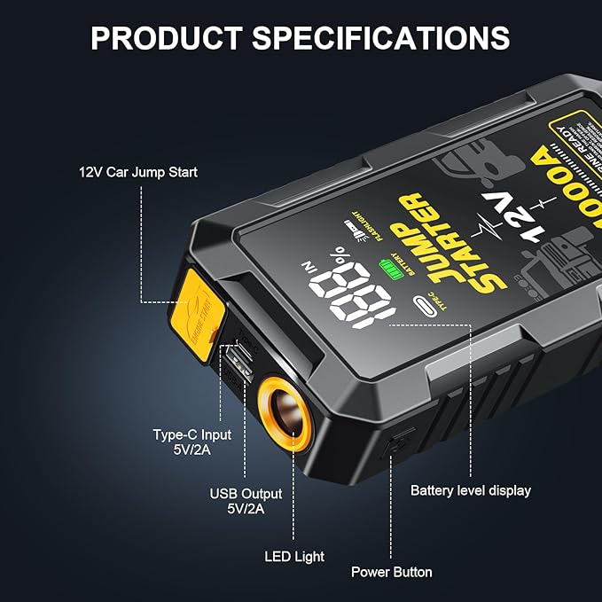 Car Battery Jump Starter with 4000A Peak Smart Clip LCD Display and 3 Modes Flashlight for Up to All Gas and 10.0L Diesel Engine 12V Auto Battery Booster Jumper Cables Portable Lithium Jump Box