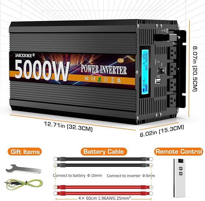 5000 Watt Power Inverter 12V DC to 110V 120V Converter for Family RV Off Grid Solar System Car with Type-C Ports 3 AC Power Outlets Dual USB Ports LCD Display Wireless Remote Control