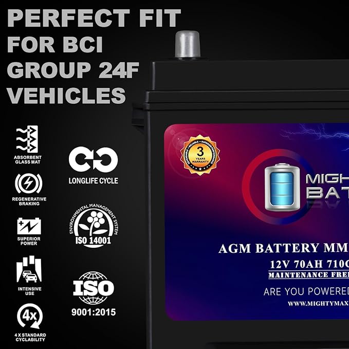 Mighty Max Battery MM-G24F Start and Stop Car BCI Group Size 24F 12V 70Ah, 120RC, 710 CCA Rechargeable AGM Car battery