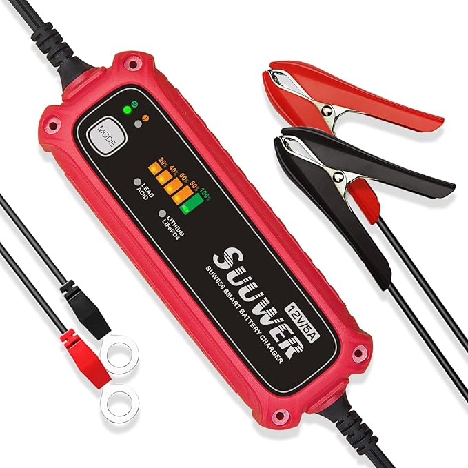 High-Efficiency 12V 5-Amp Smart Car Battery Charger, Battery Maintainer, Trickle Charger, Float Charger and Desulfator for Car, Motorcycle, ATV, Lithium (LiFePO4) and Deep Cycle Batteries