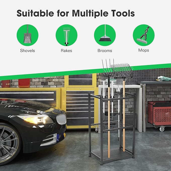 VIVOSUN Garden Tool Organizer, Heavy Duty Steel Tool Rack Tool Stand, Up to 35 Long-Handled Tools, Yard Tool Storage for Garage Shed Home and Outdoor, Medium, Anti-tipping Design