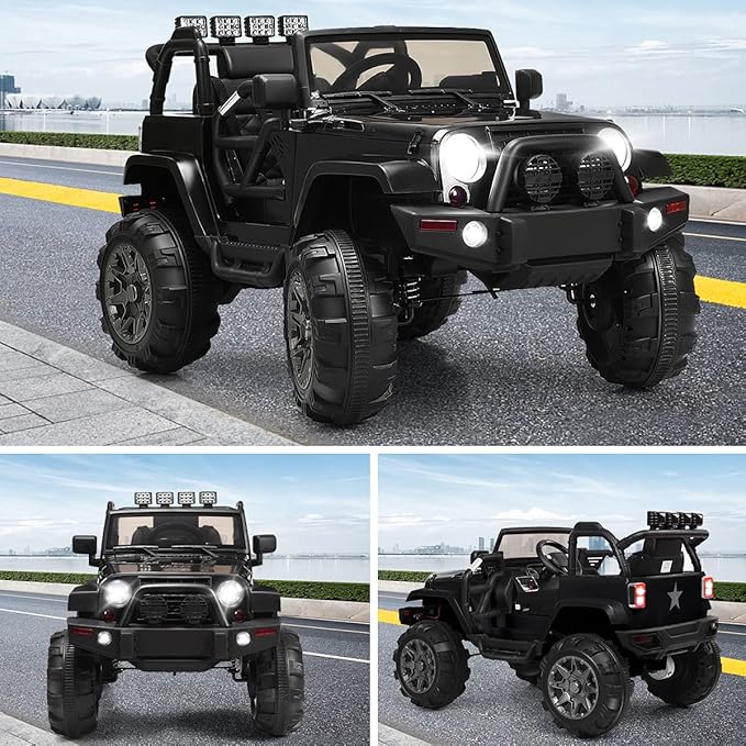 Costzon Ride On Car, 12V Battery Powered Electric Ride On Truck w/Parental Remote Control, LED Lights, Double Open Doors, Safety Belt, Music, MP3, Spring Suspension (Deluxe Black)