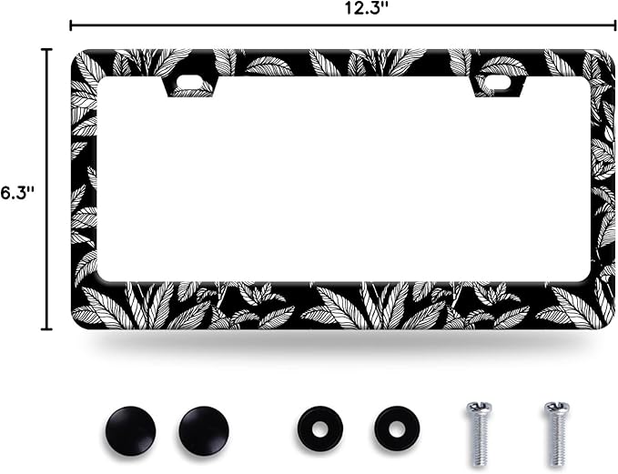 Black White Tropical Leaf License Plate Frame License Plate Stainless Steel Auto Parts License Plate Decorative with Screws Size 12.3" x 6.3" for Men Women