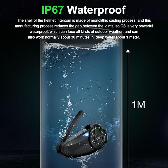 EJEAS Q8 2PC Motorcycle Bluetooth Headset, Upgraded Mesh 3.0 Intercom System with Music Sharing and IP67 Waterproof for 6 Riders Group Talking