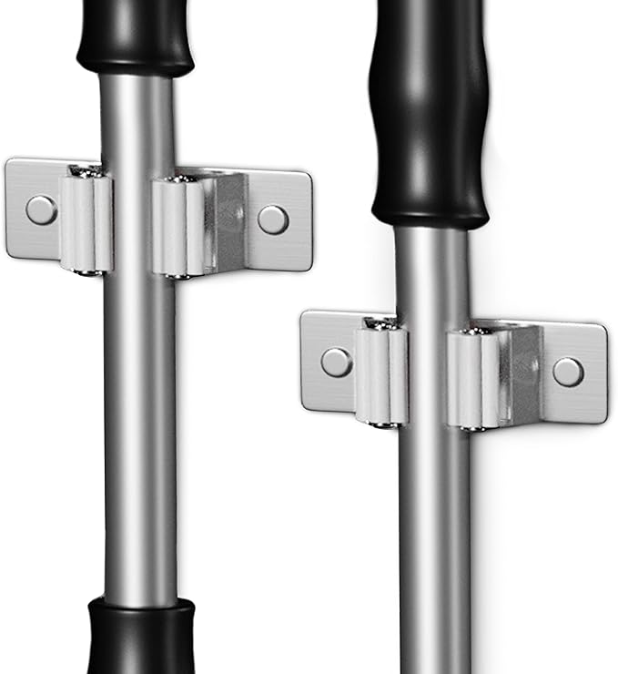 Self Adhesive Broom and Mop Holder Wall Mounted – SUS304 Stainless Steel 2-Slot Organizer with Anti-Slip Rubber Grips, 25lb Load, Adjustable for 0.6–1.4" Handles, Garage Kitchen Bathroom Use, 2 Pack