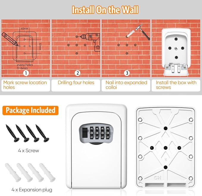 Key Lock Box Wall Mounted, Fayleeko 4 Digit Combination Lockbox for Outside, House Keys - 5 Keys Capacity, Key Safe Security Storage Lock Box for Indoor, Outdoor, Garage, Garden, Store (White, 1Pack)