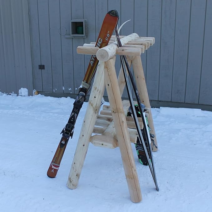 13-Place Freestanding Log Ski Rack Holder, Indoor & Outdoor Snowboard Racks, Standing Storage, Garage Racks for Snow Skis & Poles, Snowboard Rack Garage Storage Organizer - Unfinished + 15" Anchor Kit