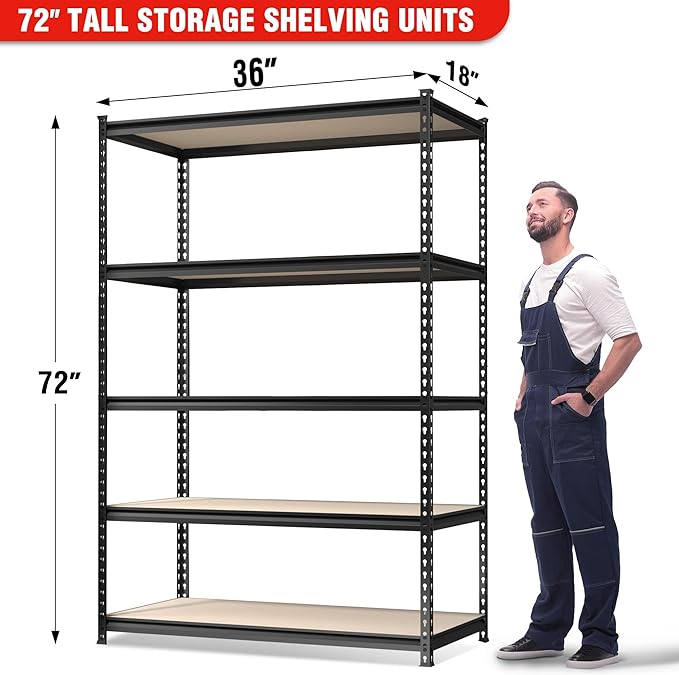 WORKPRO 4000LBS Storage Shelves, 5-Tier Metal Shelving Unit, Adjustable Garage Shelving with Particle Board, Heavy Duty Storage Rack for Garage, Kitchen, Basement, Warehouse, Black, 72"H x 36"W x 18"D