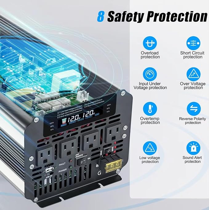 5000W Power Inverter 12V to 110V/120V DC to AC with LCD Display, Remote Controller and 4 x AC Outlets Car Adapter for Car Truck Boat RV Off Grid Solar System
