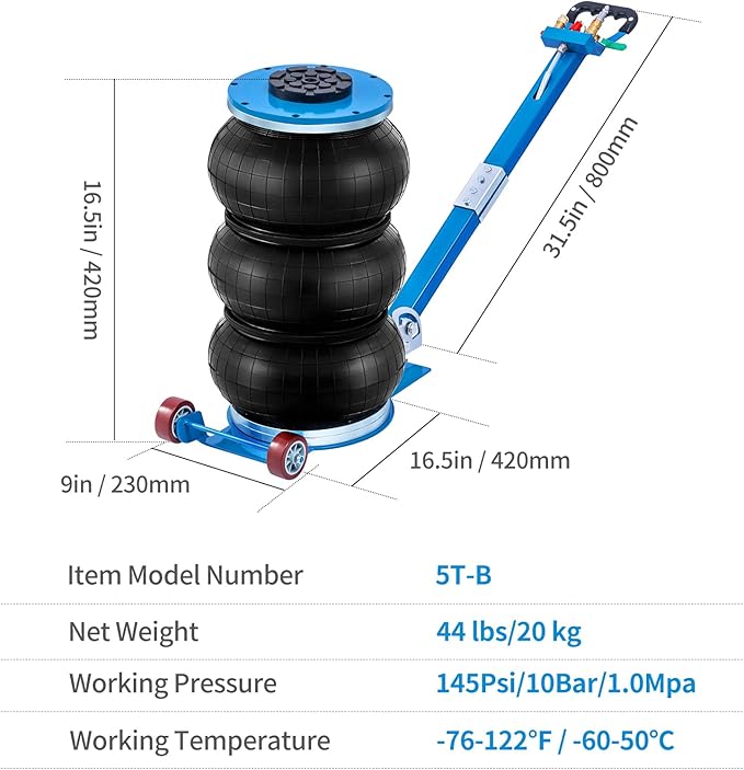 CXRCY 5 Ton Air Jack for Cars & Trucks - 11000LBS Capacity Pneumatic Airbag Jack with Adjustable Long Handle, Fast Lifting up to 16 Inch for Cars,Trucks (Blue Triple Bag Air Jack)