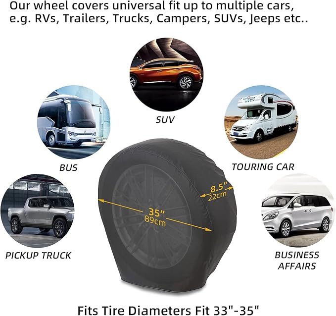 RV Tire Covers 4 Pack, Waterproof Thickening Leather Tire Cover for RV Wheel Trailer Camper, Universal Fits Tire Diameters 33-35 inches, Black
