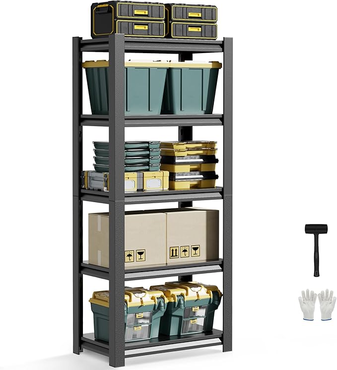 JHYKHG 63" H Storage Shelves,5-Tier Heavy Duty Garage Shelving,Adjustable Shelving Unit,Metal Shelf,Boltless Assembly Rack for Warehouse,Shed,2,500 lb Load,16 x 24 x 63 Inches,Black