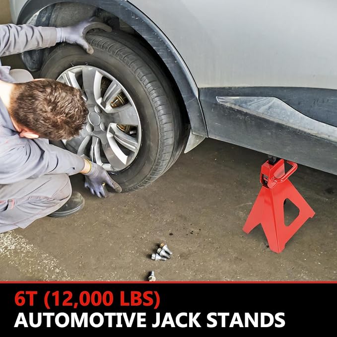 6 Ton (12,000 LBS) Automotive Jack Stands, Heavy Duty Steel Car Lifting Stand for Garages, Repair Shops, Adjustable Height 14.6"- 24", Red, 1 Pair