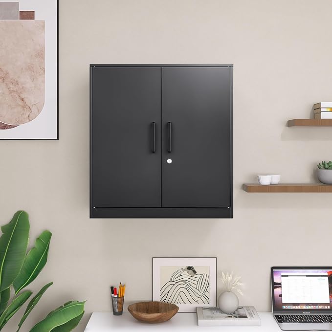 LUCYPAL Metal Storage Cabinets with 2 Doors and Handle,Steel Locking Storage Cabinet with Adjustable Shelves,Tool Cabinet for Office,Home, Garage (Black)