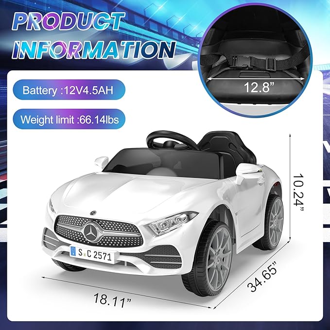 12V Kids Ride On Car with 2.4G Remote Control,Battery Powered Electric Car Ride On Vehicle Double Doors, 5 Point Safety Belt,LED Light (SC-White)