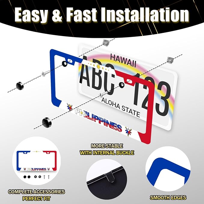Philippine Flag License Plate Frame Philippines License Plate Stainless Steel Flag Funny Accessories Cars Decor 12.2 X 6.2 Inch with 2 Holes and Screws Fits Standard Us Ca Vehicles