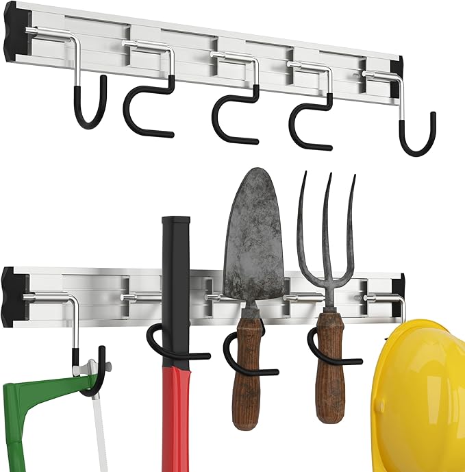 34.5'' Aluminum Alloy Garage Tool Organizer Hooks,Broom Holder Wall Mount, Adjustable Garden Wall Mount Holder for Hanging Shovel Broom Rake Bulk Items and More