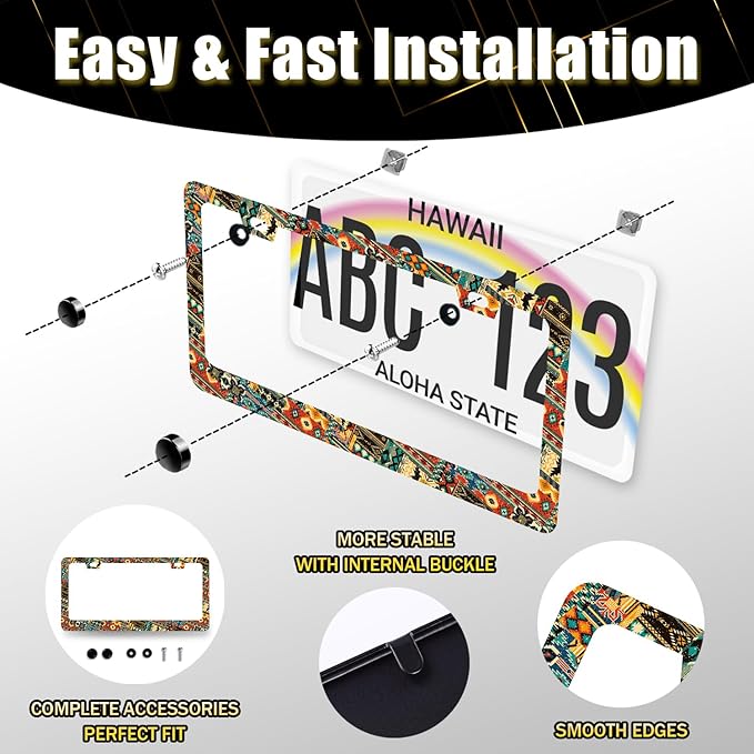 Ethnic Tribal Texture License Plate Frame Boho License Plate Holder Stainless Steel Funny Colorful Car Accessories Decoration 6.3" X 12.3" with 2 Holes Screws