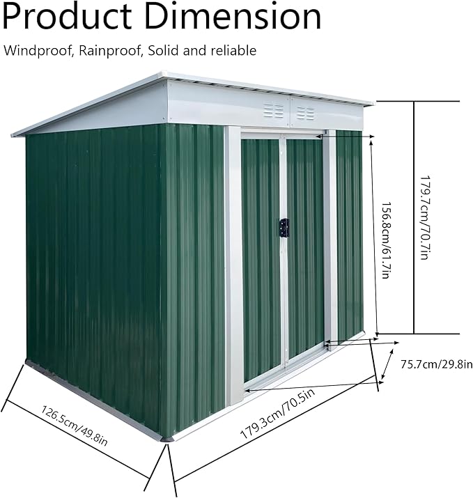 6x4 FT Outdoor Storage Shed with Sloping Roof, Waterproof Metal Garden Sheds w/Lockable Sliding Doors and Vents, Weather Resistant Tool Storage House for Backyard, Patio, Lawn, Green