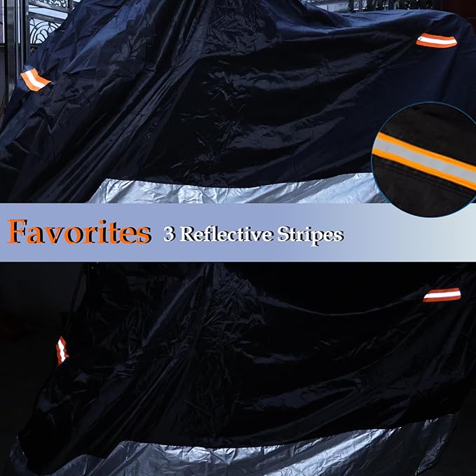 Motorcycle Cover, 210D Oxford Cloth, with Reflective Stripes, Waterproof Outdoor Protection, All-Weather Universal car Cover, with Lock Holes and Storage Bag. (Black Silver, 96.5")