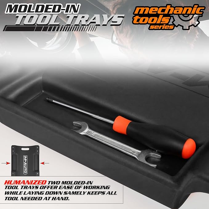 M-AUTO Mechanic Roller Creeper with Padded Headrest, Dual Tool Trays Rolling Creeper for Garage Shop Auto Work Repair, 40" Light Weight Mechanic Cart, Black
