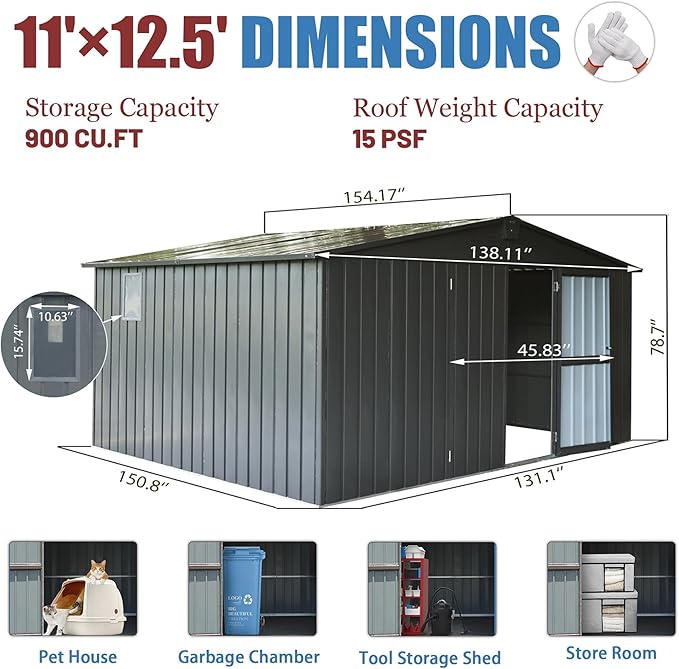 IKERY Extra - Large Galvanized Steel Storage Shed - 11' x 12.5' with Windows and Lock, Garden and Utility Tool Shed for Backyard and Patio, Dark Gray