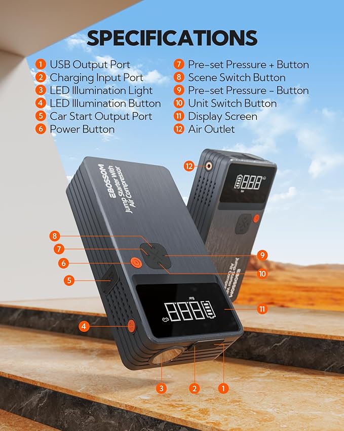 Car Battery Jump Starter with Air Compressor,44.4Wh Battery Jump Box with Tire Inflator,Car Jump Booster with Smart Jumper Cables,LED Light Emergency Car Kits for Vehicles,Arrancador Ae Batería