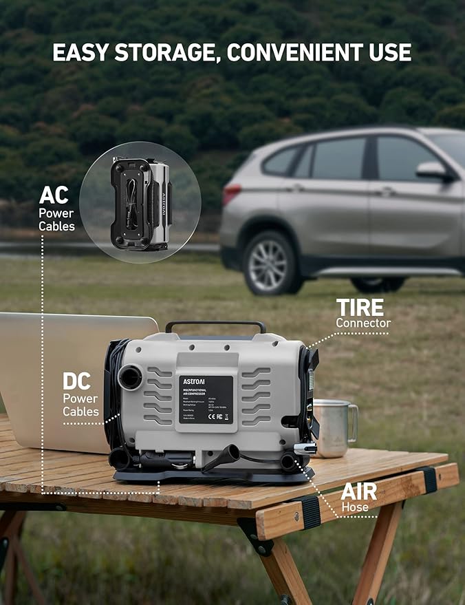 AstroAI Tire Inflator Portable Air Compressor Pump 150PSI 12V DC/110V AC with Dual Metal Motors &LED Light, Automotive Car Accessories&Two mode for car, bicycle tires and air mattresses, Gray