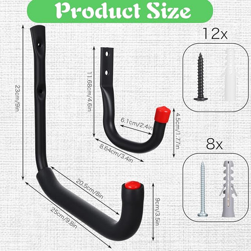 10 Pack Heavy Duty Garage Hooks, 9.8" & 3.5" Kayak Storage Hook, 100LB (9.8") Capacity Wall Mount Storage Hooks for Kayak, Bike, Ladder, Chair Hanging, Black, Indoor/Outdoor
