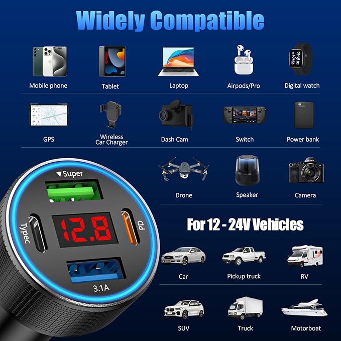 Car Charger with USB C Cable, 78W 4 Port Car Phone Charger Adapter Fast Charging, Dual USB C Car USB Adapter for iPhone 16 15 14 13 12, iPad, Samsung Glaxy, Android (Black & Cable)