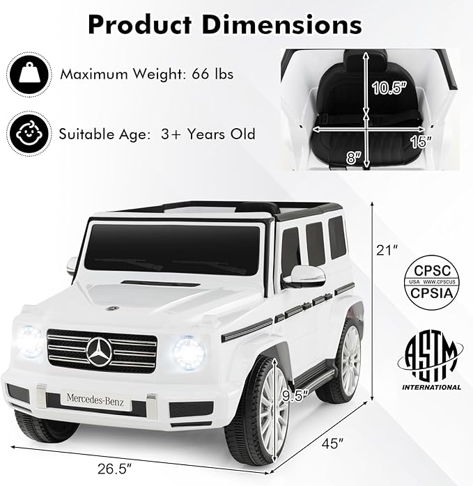 HONEY JOY Ride On Car, 12V Licensed Mercedes Benz G500, Battery Powered Ride On Truck, Lights, Music, Rocking Mode, Slow Start, Electric Cars for Kids Boys Girls (White)