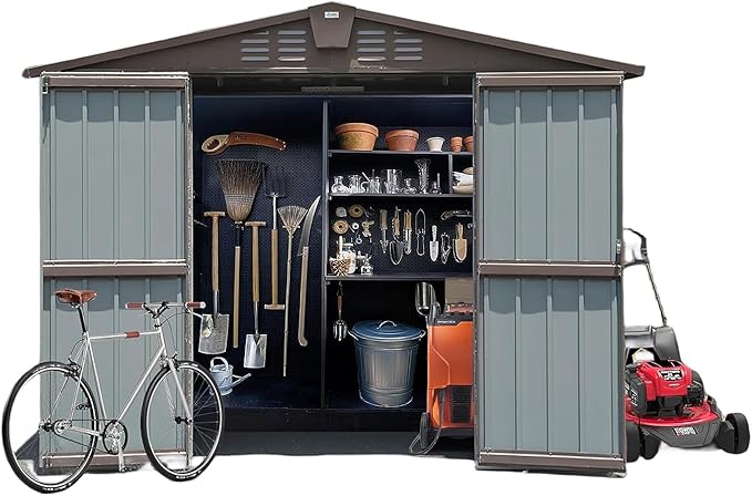 IKERY Metal Storage Shed 8.2' x 6.2' with Double Lockable Doors & Air Vents - Utility Tool Shed for Backyard, Patio, Garden - Brown