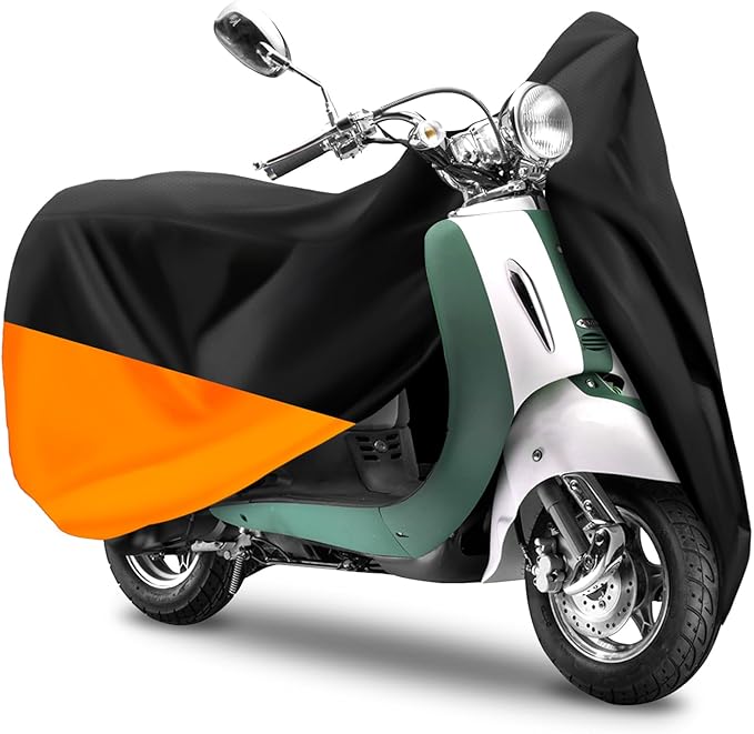 COVERVIN Scooter Outdoor Waterproof Cover, Moped Cover Vespa Cover for Honda Ruckus Yamaha 72″ Long (S, Black Orange)