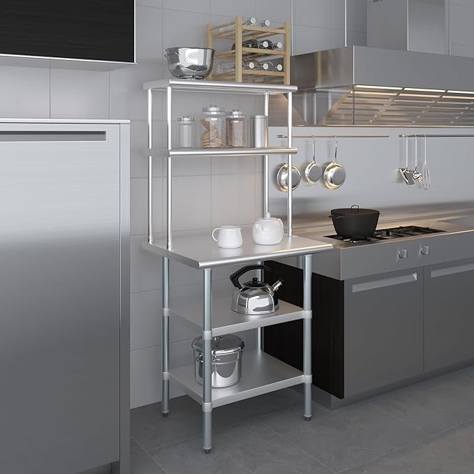 Amgood Stainless Steel Work Table with 2 Shelves | Metal Kitchen Prep Table & Shelving Combo (24" x 30" Table with 2 Shelves + 12" Overshelf)