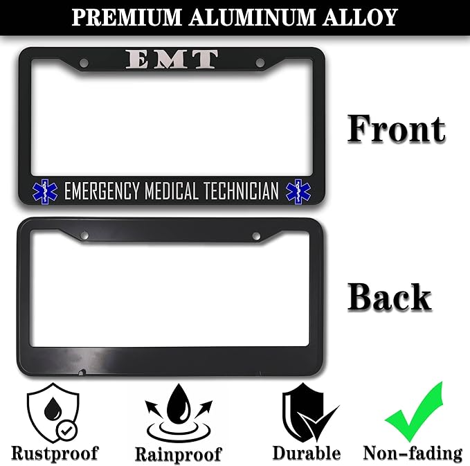 License Plate Bracket Black and White License Plate Frames EMT Emergency Medical Technician Aluminum Metal Car Accessory 2 Pack with Screw Covers Set