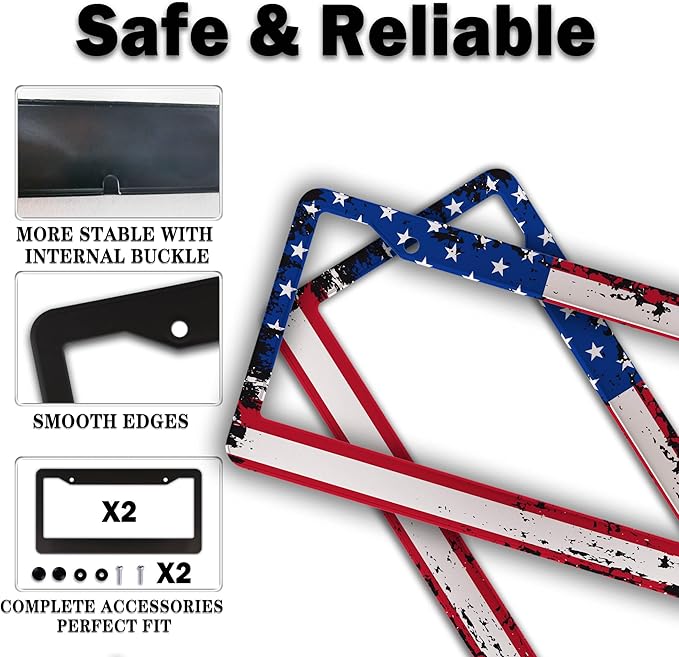 License Plate Cover Multicolor License Plate Frames Patriotic USA American Flag Aluminum Metal Car Accessory 2 Pack with Screw Covers Set