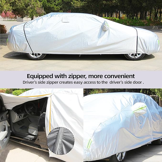 Car Cover Waterproof All Weather for Automobiles, Universal Heavy Duty Outdoor Sedan Car Covers Tarp for Sun Rain UV Protection Full Exterior Covers Aluminum Film 186 to 193 Inch