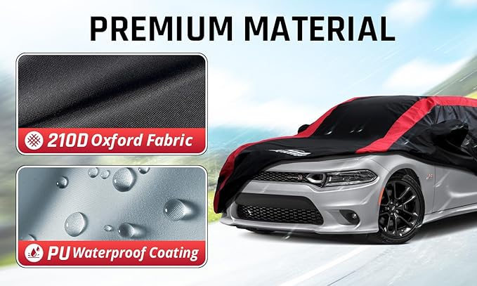 Dodge Charger Car Cover Waterproof All Weather with Red Strip Design, Custom Fit for Dodge Charger 2006–2023, Charger Accessory with Door Zipper & Windproof Straps
