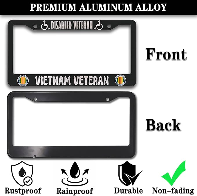 License Plate Frames Black and White License Plate Covers Disabled Vietnam Veteran Universal Aluminum Car Accessory 2 Pack with Screw Covers Set