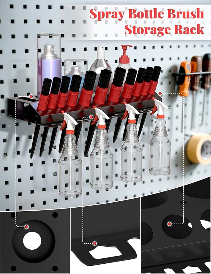 Spray Bottle Storage Rack, Wall Mount Bottle Organizer Car Detailing, Detailing Brush Organizer, Car Beauty Shop Accessory Display, 3/8" Air Tool Holder for Garage and Workspace, 1Pcs, Black