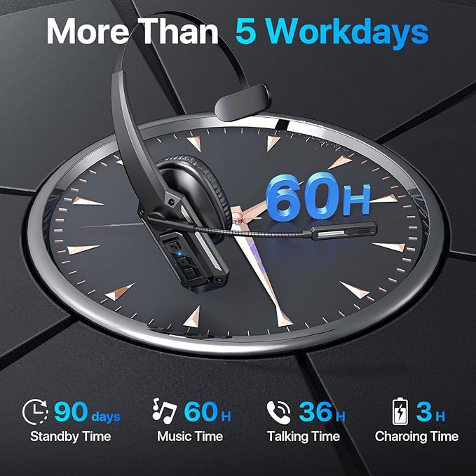 Bluetooth Headset, Trucker Bluetooth Headset with Noise Cancelling Microphone & Mute Button, 60Hrs Working Time, Wireless On-Ear Headphones with Mic for Work/Cellphone/Laptop/Office - Black
