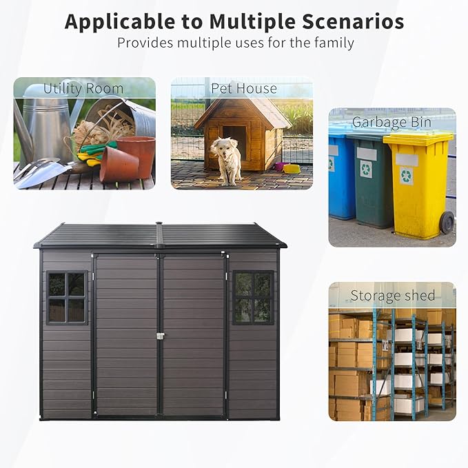 8x6 FT Outdoor Storage Shed with Floor,Waterproof Resin Plastic Bike Shed with Vents & Windows, Lockable Door, Garden Tool Shed Easy to Assembly for Lawn, Backyard, Patio, Brown