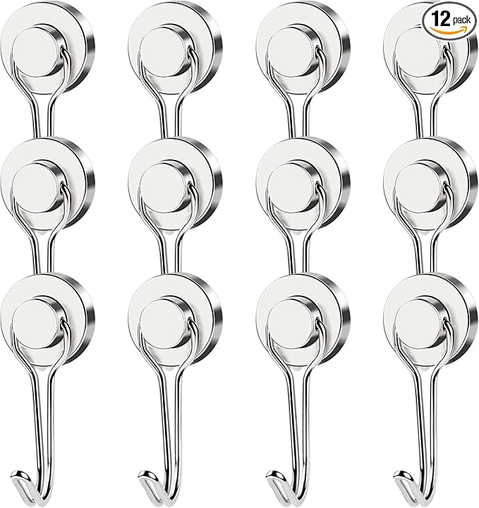 MIKEDE 12 Pack Magnetic Hooks, 40LB Heavy Duty Neodymium Magnet Hooks, Strong Magnetic Swivel Hooks for Hanging, Magnets with Hook Magnetic Metal Hanger for Fridge, Toolbox, Storage